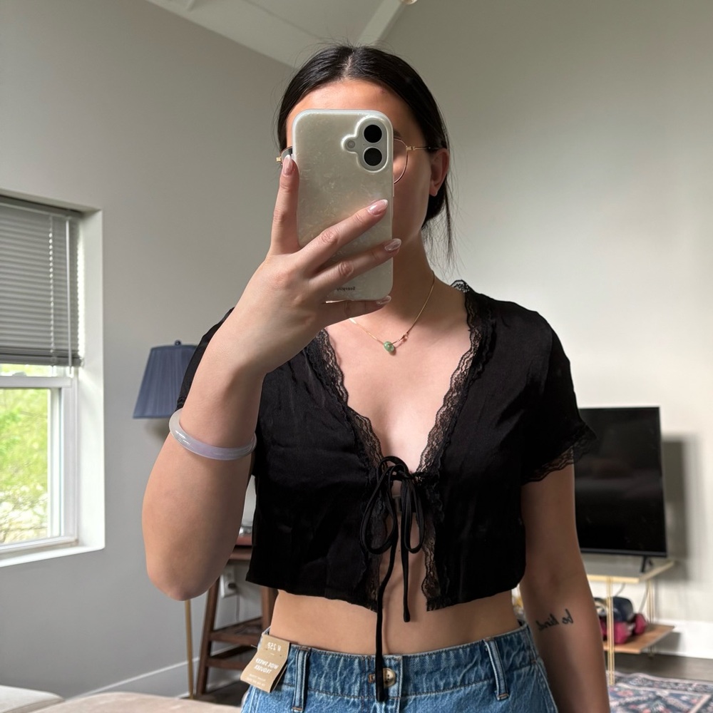 Princess Polly Black Lace Trim Tie-Front Top